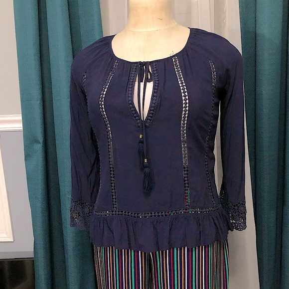 Navy Boho Peasant Tunic Blouse - Picture 3 of 10